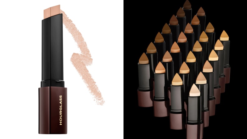 On the left: A dark twist-up tube of cream foundation. On the right: A grouping of Hourglass cream foundation sticks.