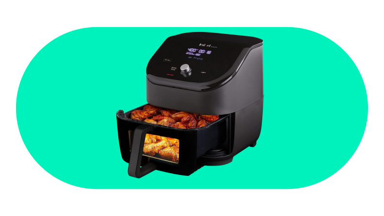 Instant air fryer on bright teal background
