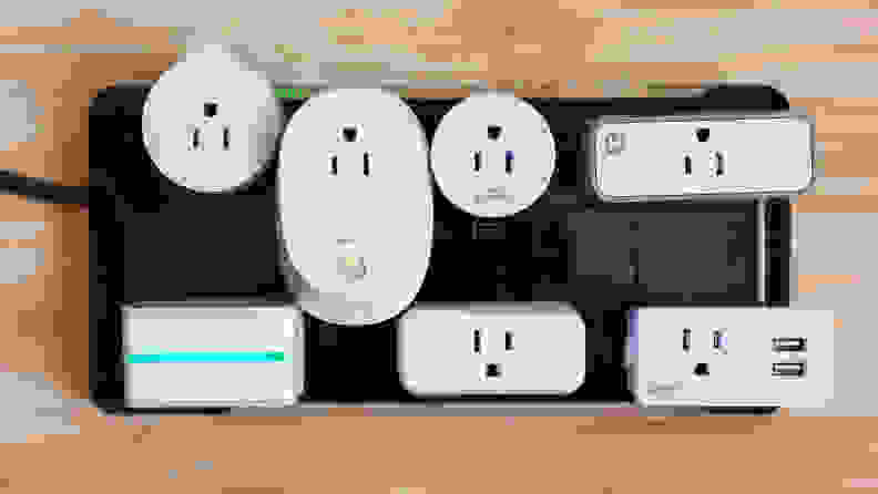An array of smart plugs, which turn traditional wall sockets into ones that can be controlled remotely.