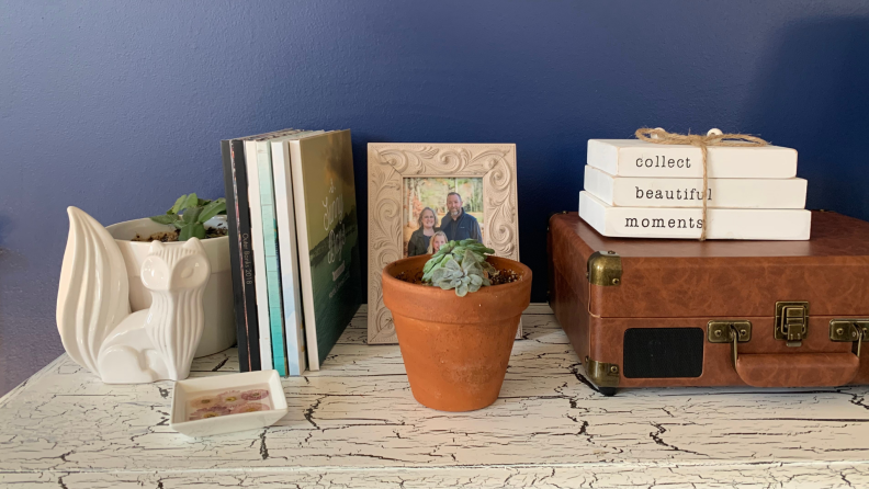 a squirrel planter, photobooks, a succulent plant and a stack of wooden books sit on a table