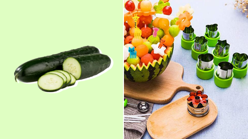 On left, green cucumber. On right, cookie cutter next to assorted fruits and watermelon.