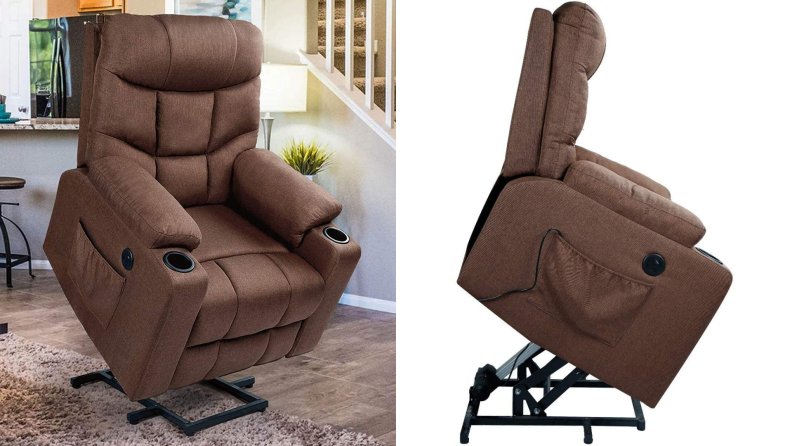 On left, brown recliner chair extended into upright position. On right, side view of brown recliner chair in lifted position.