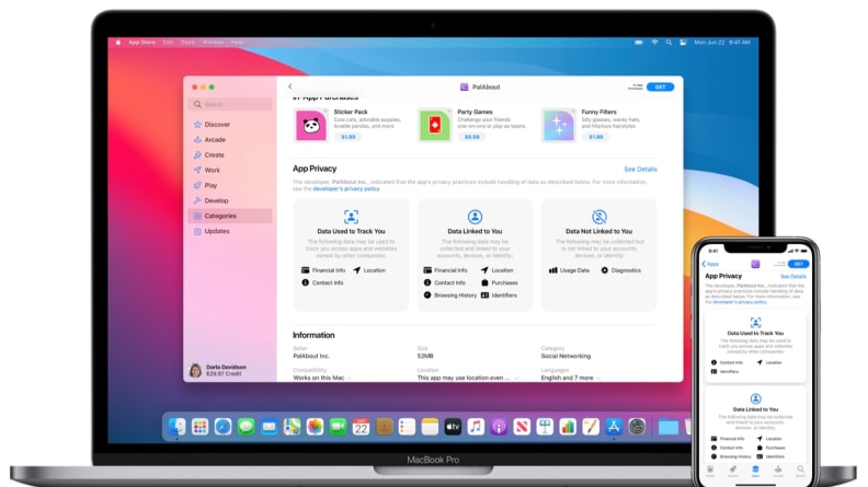 A mockup of a Mac and an iPhone both showing Apple's App Store privacy labels.