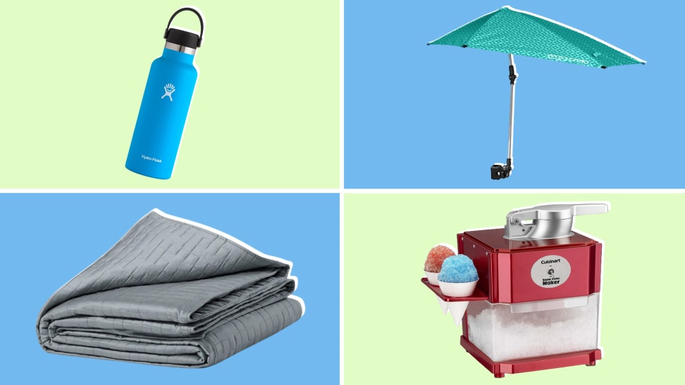 Four images arranged in a divided rectangle. A Hydro Flask water bottle, a Sport-Brella umbrella, a Gravity weighted cooling blanket, and a Cuisinart snow cone machine each sitting against a monochrome background of either mint green or light blue
