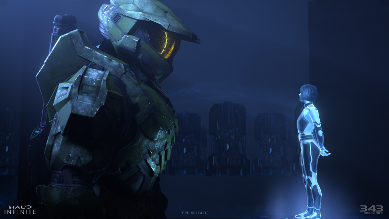 Screenshot from the video game 'Halo: Infinite' showing Master Chief speaking with Cortana.