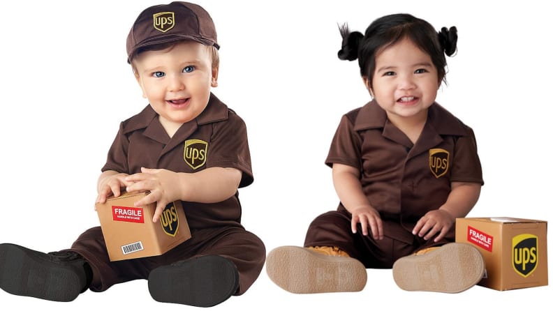 Infants dressed in UPS delivery driver Halloween Costume.