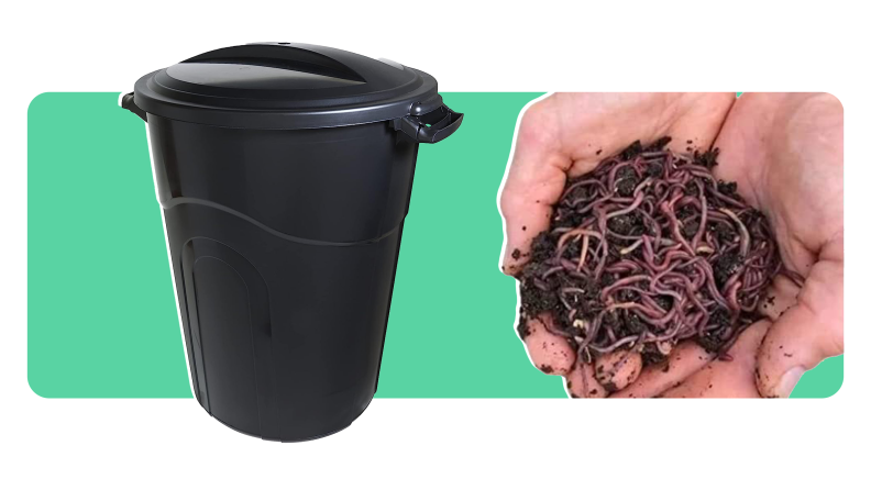 A black compost bin next to a person holding a handful of worms on a green background.