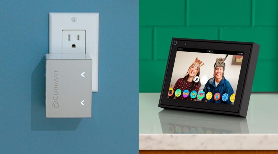 The Currant WiFi Smart Outlet, a two-outlet smart plug, is pictured on the left. The Facebook Portal Mini, a smart display screen for video calling, is pictured on the right.