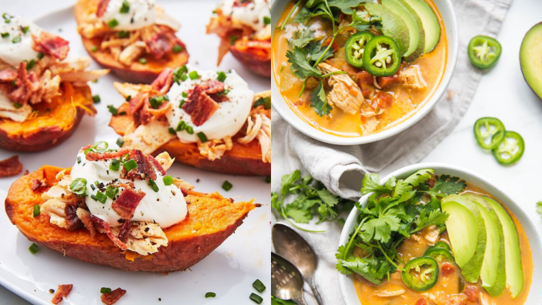On left, baked sweet potatoes topped with sour cream, bacon, and scallions. On right, two bowls of chicken tortilla soup shot from above, topped with fresh avocado, jalapenos, and cilantro.