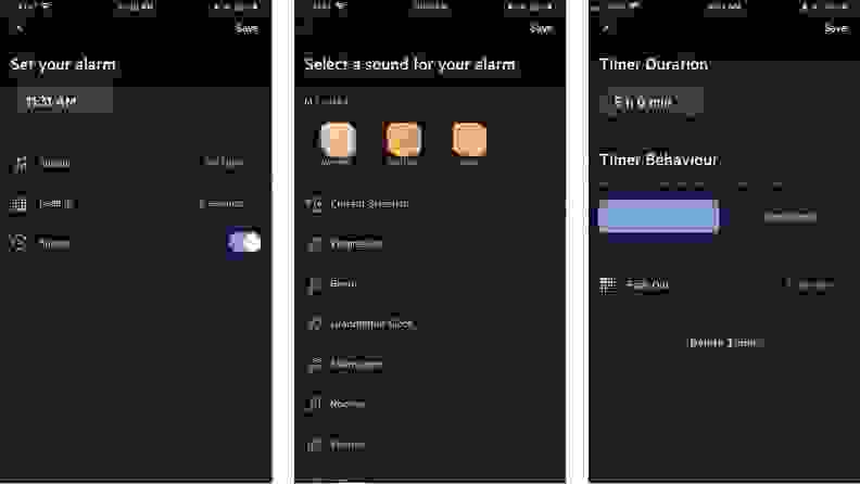 three screenshots of relax melodies, whose alarm and timer functions let users change sound, and app behavior