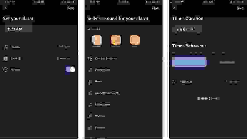 放松旋律的三张截图，它的闹钟和计时器功能可以让用户改变声音和应用程序的行为