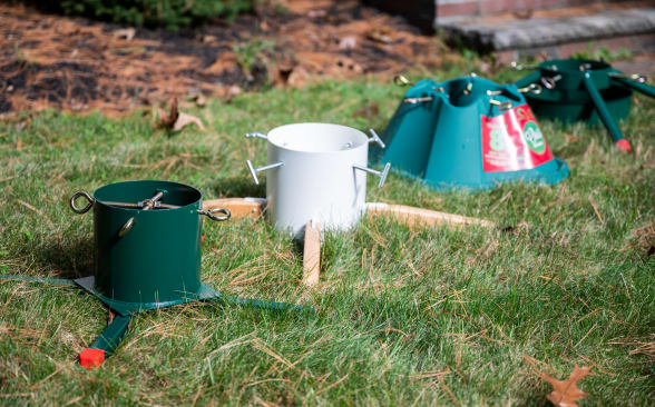 Four Christmas tree stands are lined up on grass