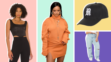 Four multicolored vignettes showing casual wear, a hat, and a pair of light wash jeans surrounding a photograph of Rihanna.