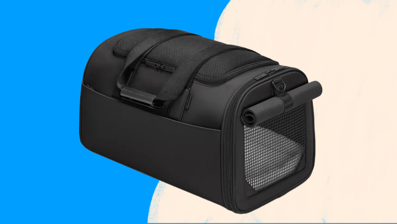 Empty black pet carrier with fur bedding inside.