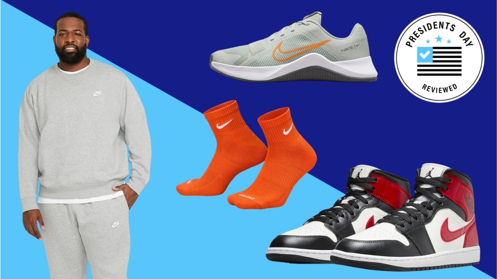 A collection of Nike activewear with the Presidents Day Reviewed badge in front of a colored background.