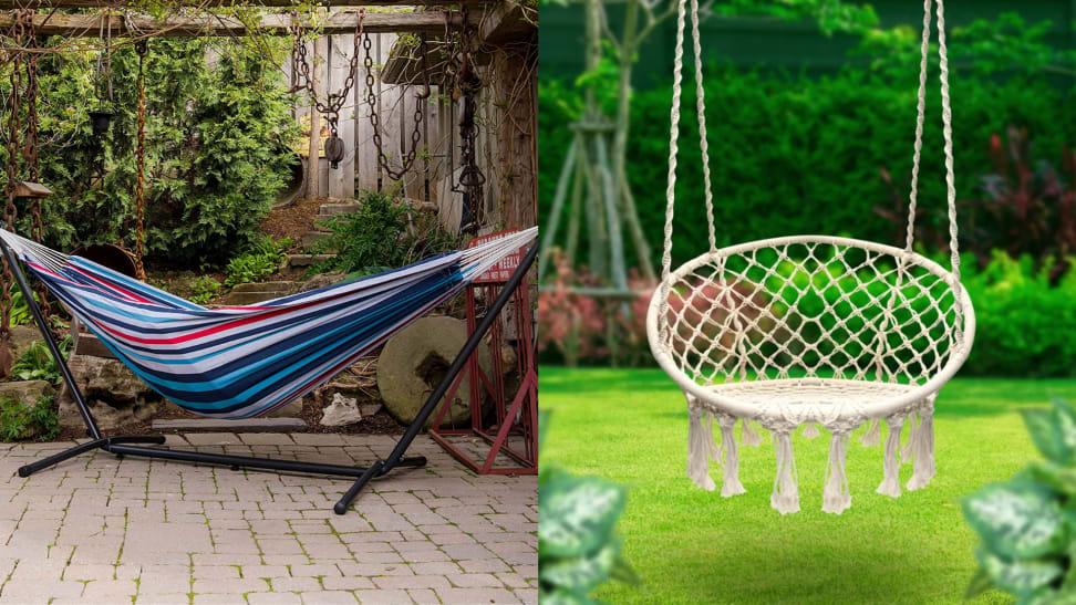 On the left, a cotton, free standing multi-colored hammock. On the right, a hanging macrame hammock chair connected to a tree.