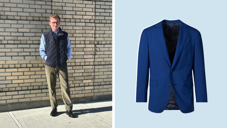 An image of the author in olive pants, a blue vest, and blue Oxford shirt, alongside a product shot of a blue blazer.