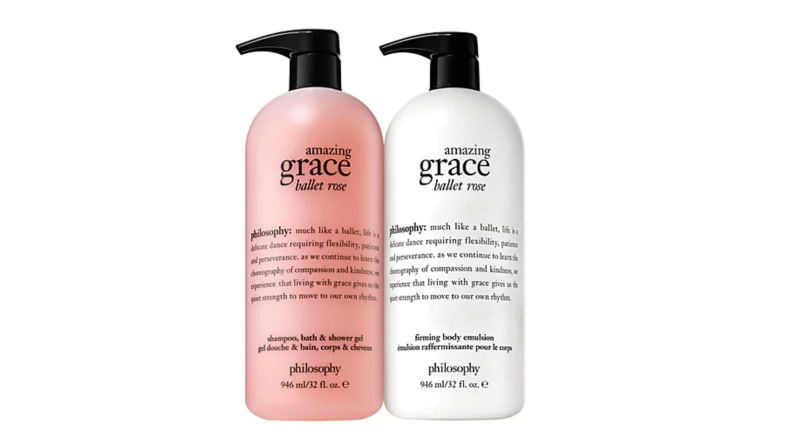 bottles of body wash in pink and white on white bckground