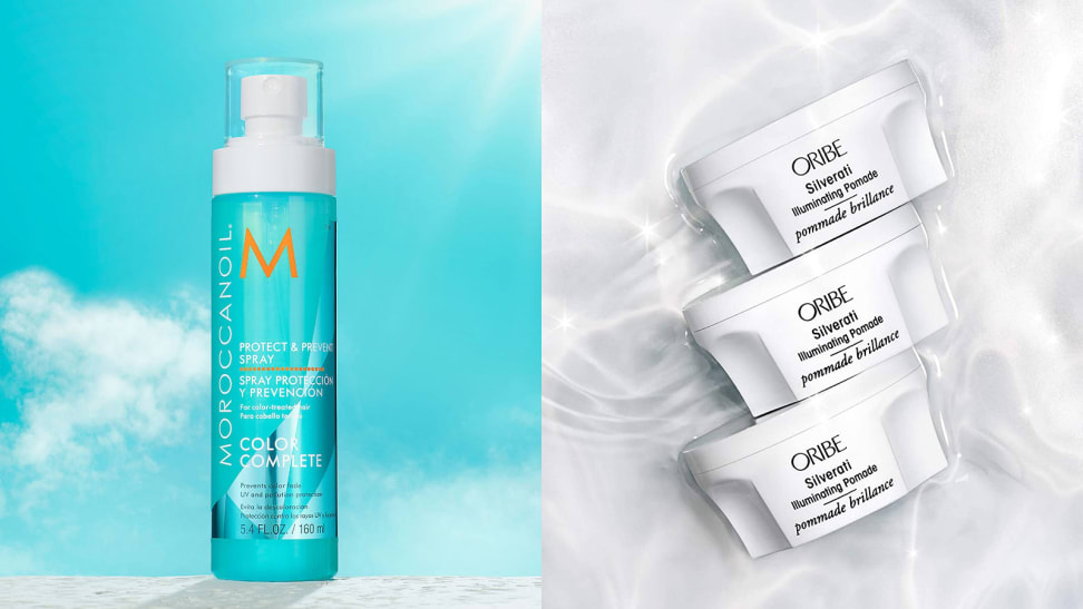 On the left: The light blue spray bottle from Moroccanoil with a blue sky behind it. On the right: Three white Oribe jars stacked on top of each other in silver-colored water.