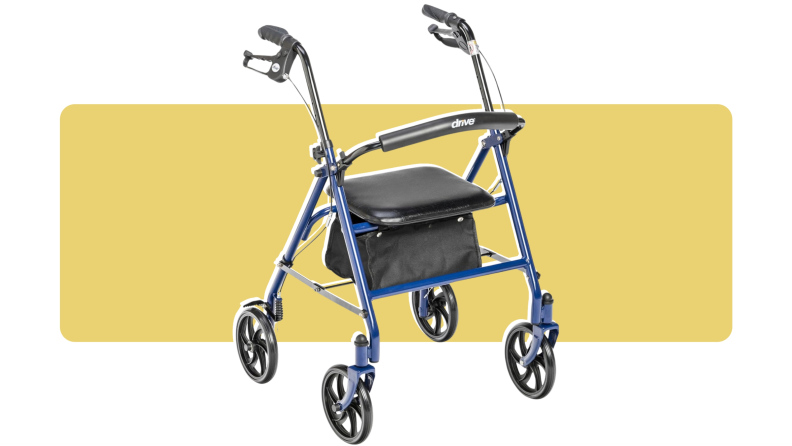 A blue Drive Medical 10257-1 rollator on a colorful background