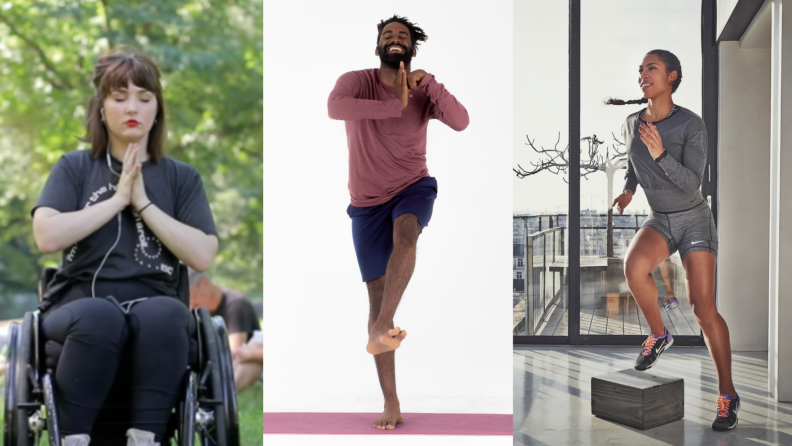 On left, person in wheelchair meditating with eyes closed. In middle, person smiling while doing standing yoga. On right, person doing exercise with box while smiling.