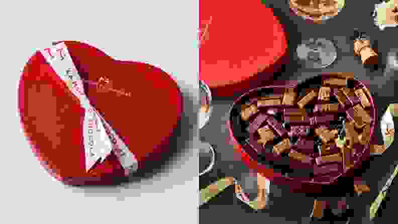 On left, closed heart-shaped box. On right, open heart-shaped box filled with chocolates