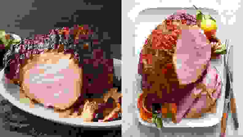 Two side-by-side pictures of ham on white dishes