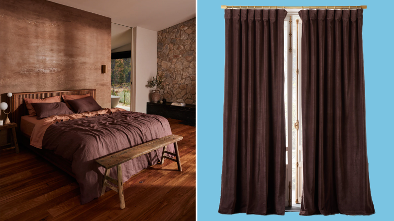 Photo collage of modern bedroom with large bed covered in brown sheets and chocolate brown, velvet, floor-length drapes in front of door.
