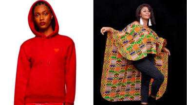 Woman wearing red Ivy Park hoodie, woman wearing clothing from PrincessCulture Etsy store.