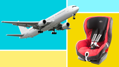 An airplane and a red car seat on a yellow and blue background