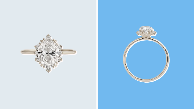 Collage of an engagement ring from Melanie Casey shown from two different angles.