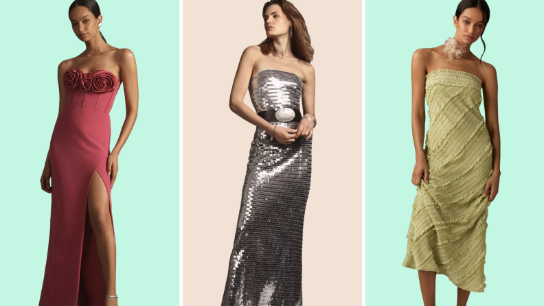 Collage of three photos of strapless prom dresses at Anthropologie.