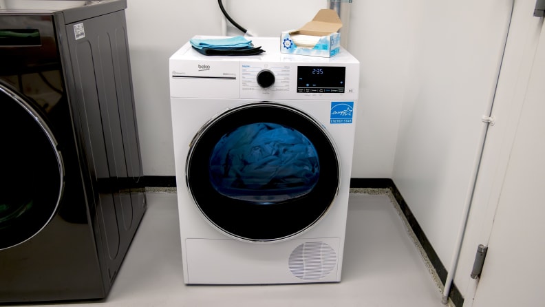The Beko HPD24414W dryer set up in our laundry testing lab.