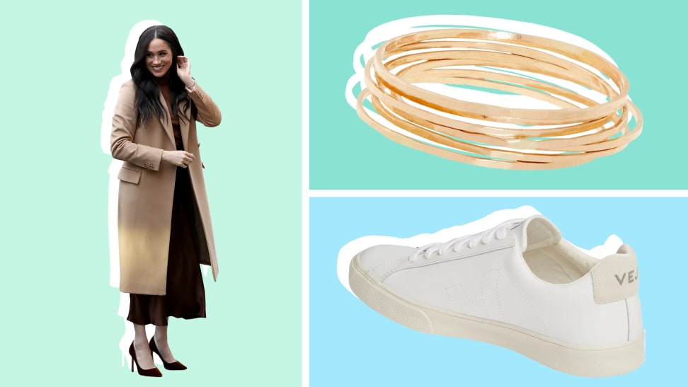 On left, Meghan Markle in tan peacoat, black dress and stiletto heels. On right, gold stacked rings and white sneaker.