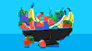 A cartoon bowl of vibrating strawberries, cherries, peppers, eggplants, cucumbers and bananas.