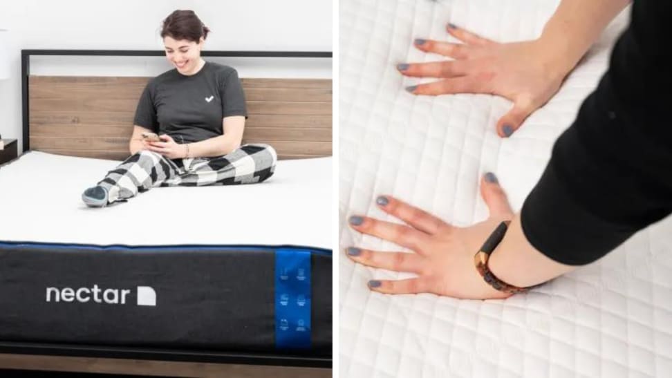 A woman laying on a Nectar mattress next to a pair of hands pushing down on a Nectar mattress.