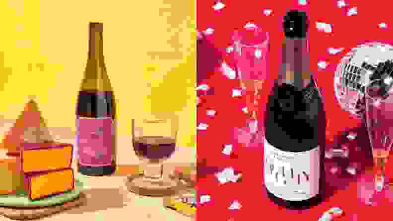 On left, bottle of red wine, with a filled glass and accompanying cheese. On right, a bottle of Noughty champagne surrounded by confetti and disco balls.