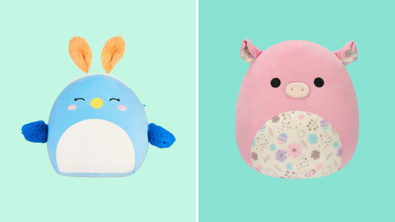 Side-by-side images of Bebe the Blue Bunny and Peter the Pig Squishmallows on teal backgrounds.