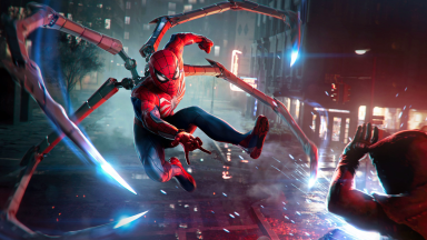 Screenshot from Marvel's Spider-Man 2. It's Peter Parker in his classic red, blue, and white Advanced suit, but with four mechanical spider arms on his back.