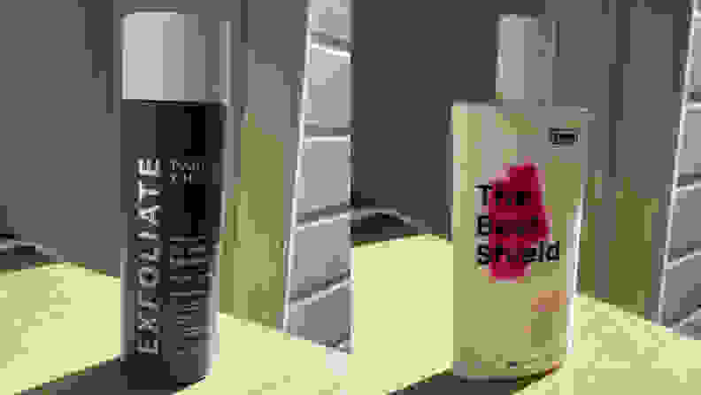 Left: Paula's Choice liquid exfoliant sits on a table in a large black bottle. Right: The Beet Shield Antioxidant Day Fluid comes in a white bottle with a splash of pink behind the logo.