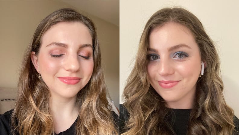 Side-by-side images of the author wearing makeup from the Ulta Beauty kit.