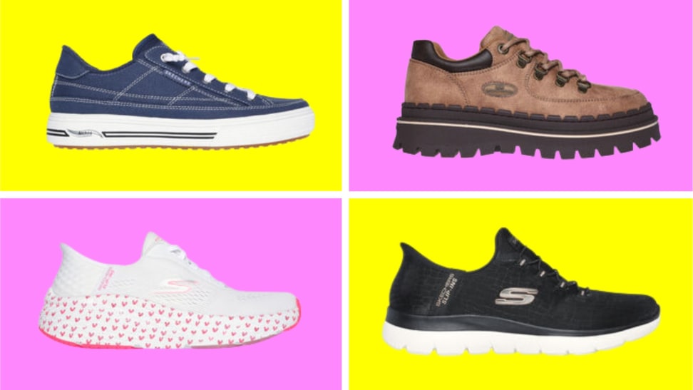 A collage of Skechers sneakers in front of colored backgrounds.