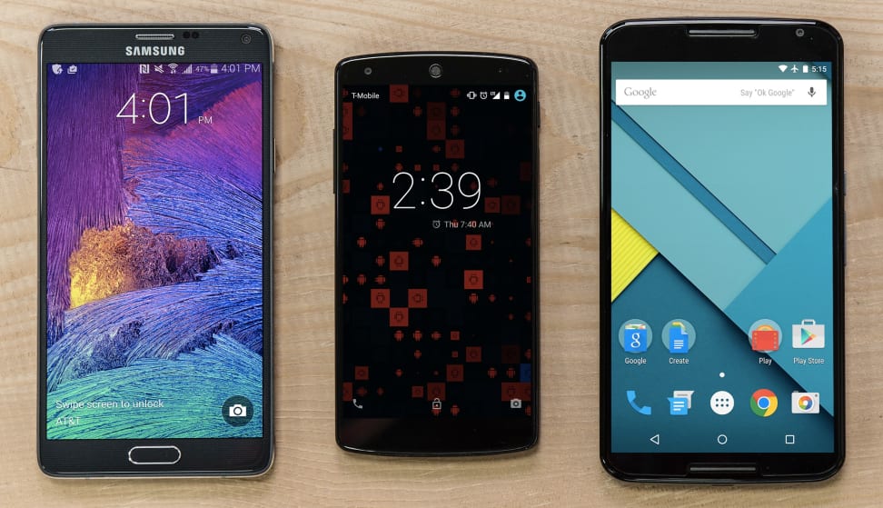 A size comparison of the Samsung Galaxy Note 4, Google Nexus 5, and Google Nexus 6.