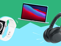 A white banded Apple Watch sits next to a slim and silver laptop and a pair of all-black Sony WF-1000XM4 headphones in front of a green and blue background with a Best of Year 2021 logo in the middle