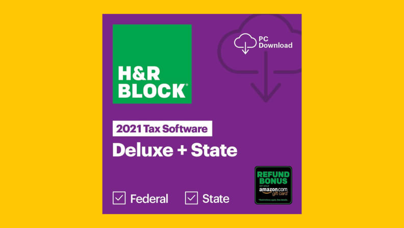 An HR block digital download code against a gold backround.