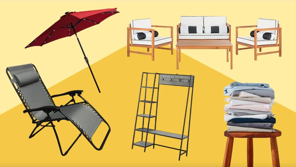 Patio umbrella, couch, and chairs, folded clothes and standing clothes rack.