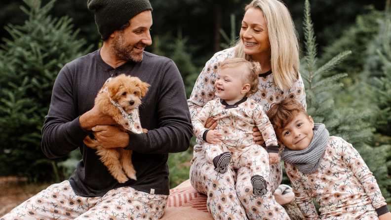 Family in matching pajamas.