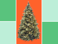 An artificial Christmas tree on a colorful background.