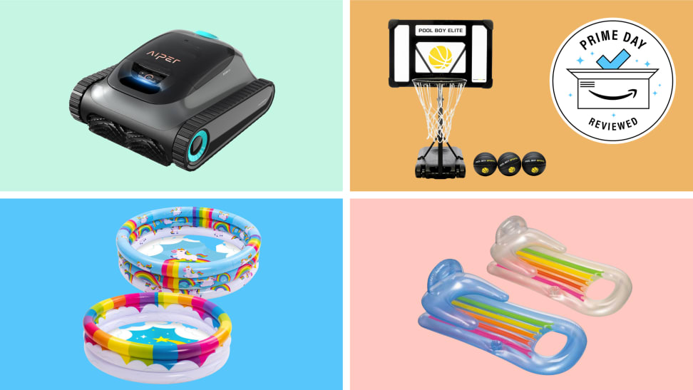 A pool robot vacuum, basketball setup, inflatable pools, and inflatable loungers.