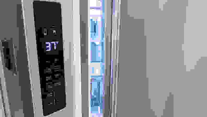 A close-up of the Frigidaire Pro PRMC2285AF counter-depth French-door refrigerator's controls, which are located on the edge of the left door.